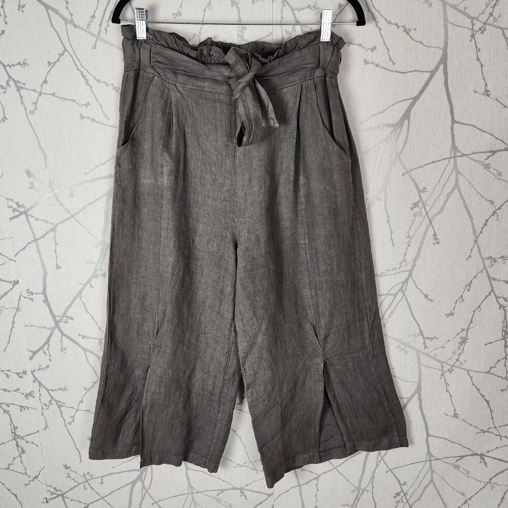 Alessia Pacini Gray 100% Linen Paperbag Wide Leg Slit Crop Pants